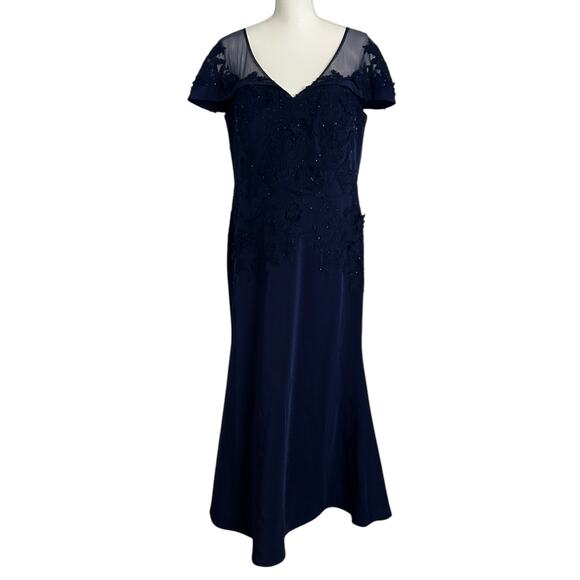 CARLA RUIZ Blue Mesh Floral Applique V neck Short Sleeve‎ Long Dress-Size 14 - Picture 2 of 12